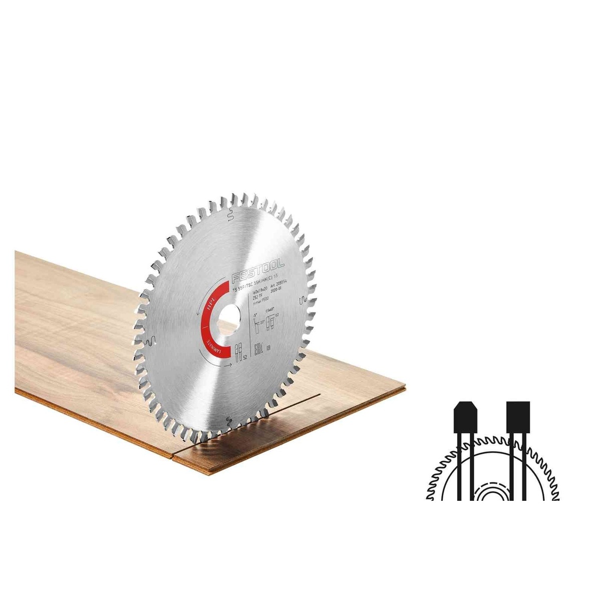 Festool 205562 HW 160x1,8x20 TF52 L Laminate Saw Blade for TS 55 / TSC 55 cutting a finished laminate panel in a workshop application
