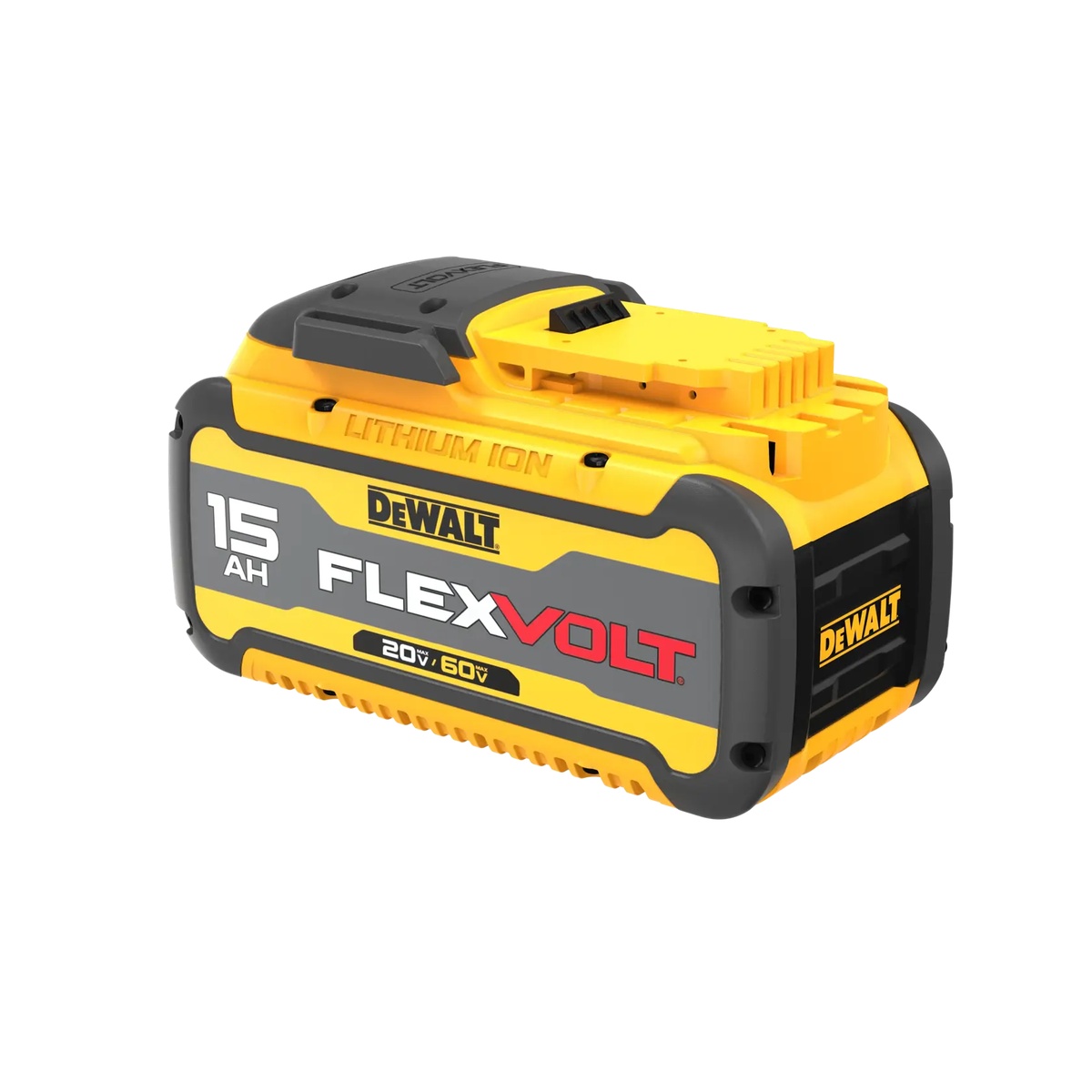 DeWalt DCB615 FLEXVOLT 20V/60V MAX 15.0Ah Battery rear angle product image showing rugged battery pack construction and charge indicator area for jobsite use