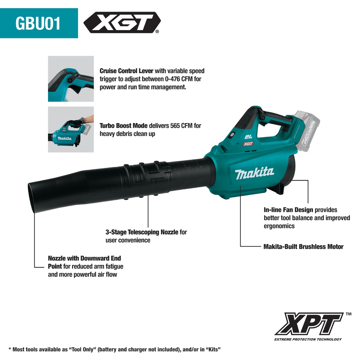 Makita GBU01M1 40V max XGT Brushless Cordless Blower Kit (4.0Ah) feature view showing telescoping nozzle, inline fan design, and handheld blower layout for outdoor debris cleanup