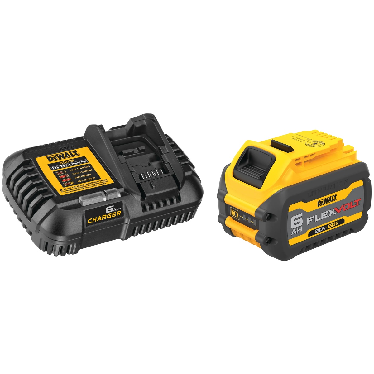 DEWALT 20V/60V MAX FLEXVOLT 6Ah Battery Kit showing the battery pack and charger on a clean background for DEWALT cordless tool charging and runtime support