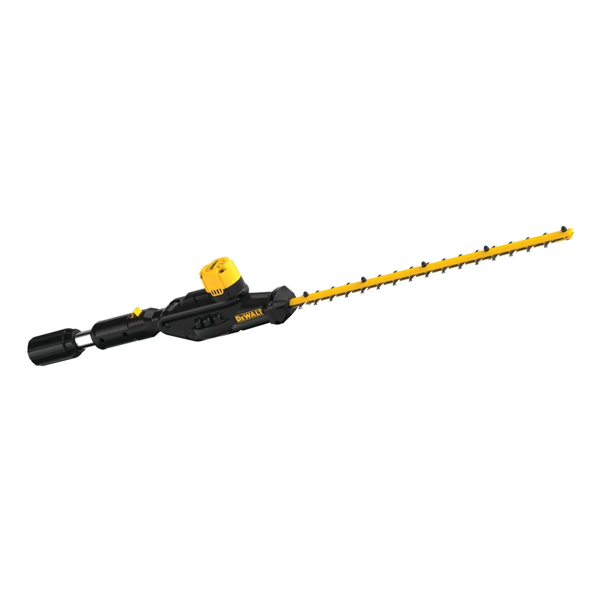 DEWALT DCPH820BH Pole Hedge Trimmer Head with 20V MAX Compatibility close-up showing the hedge trimmer attachment head and blade for detailed hedge shaping work
