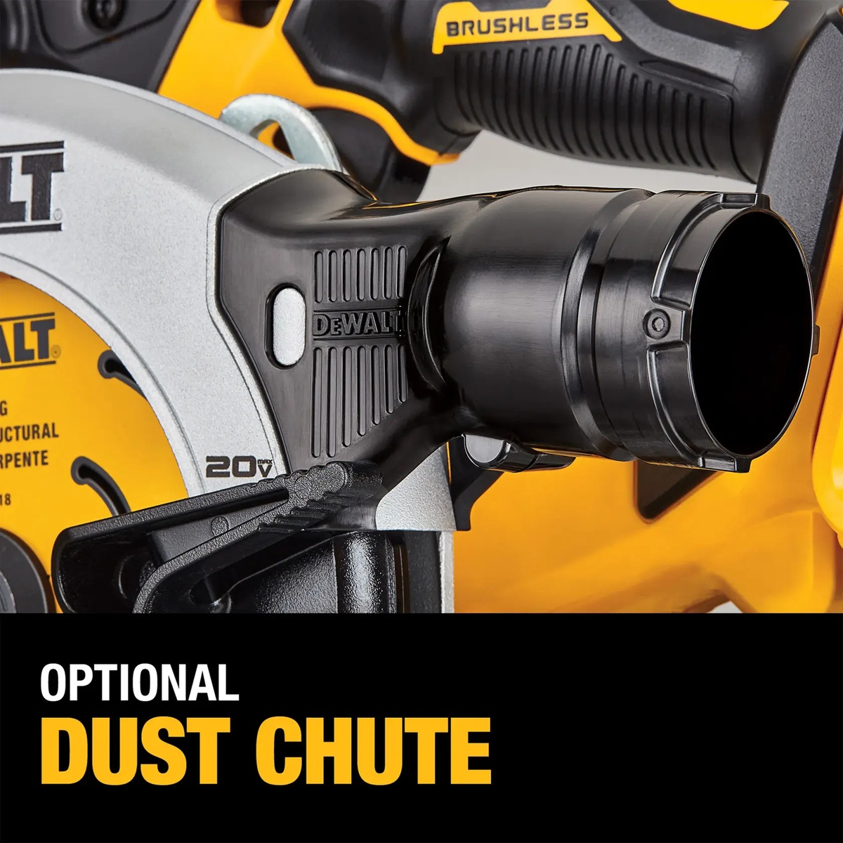 DEWALT 20V MAX XR 6-1/2-in. Brushless Cordless Circular Saw (Tool Only) close-up of the optional dust chute connected at the saw housing for cleaner indoor wood cutting