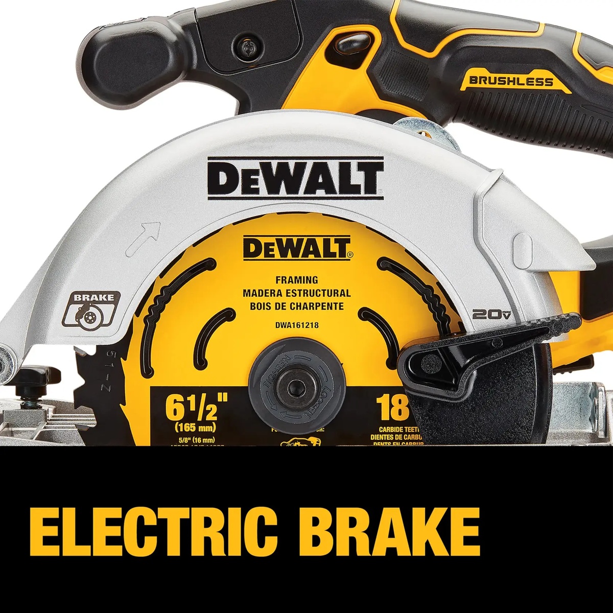 DEWALT 20V MAX XR 6-1/2-in. Brushless Cordless Circular Saw (Tool Only) close-up showing the blade area and electric brake feature for safer stopping during repeated cutting work