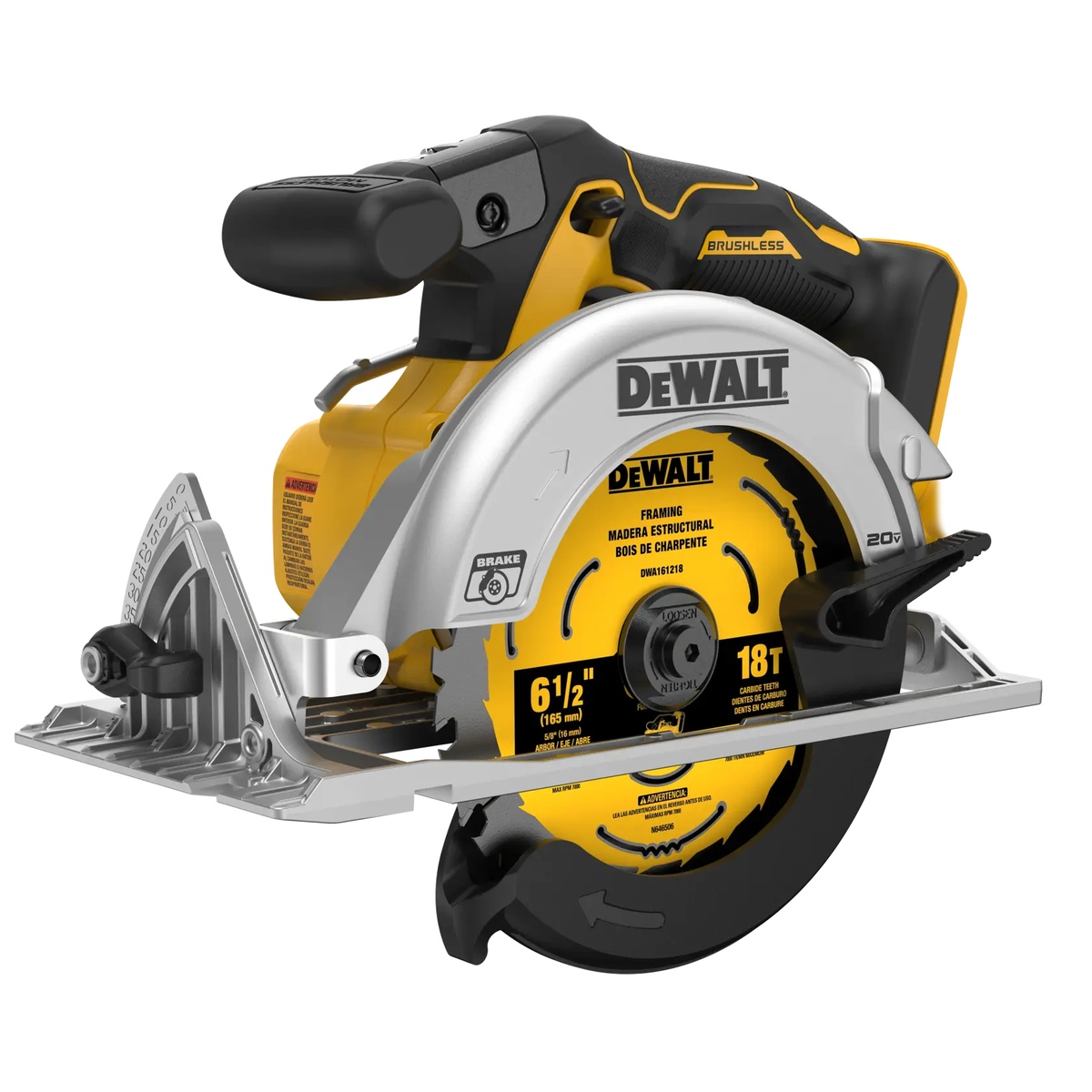 DEWALT 20V MAX XR 6-1/2-in. Brushless Cordless Circular Saw (Tool Only) shown as a compact cordless circular saw with 6-1/2 inch blade for general wood cutting on a jobsite