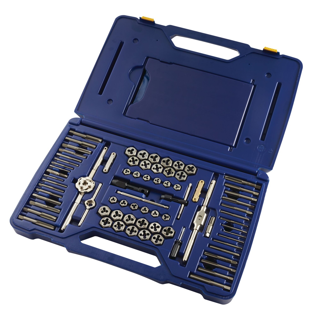 Irwin 117-pc Machine Screw / Fractional / Metric Tap & Hex Die and Drill Bit Deluxe Set opened in its case with taps, dies, wrenches, and accessories arranged for bench-top thread repair work