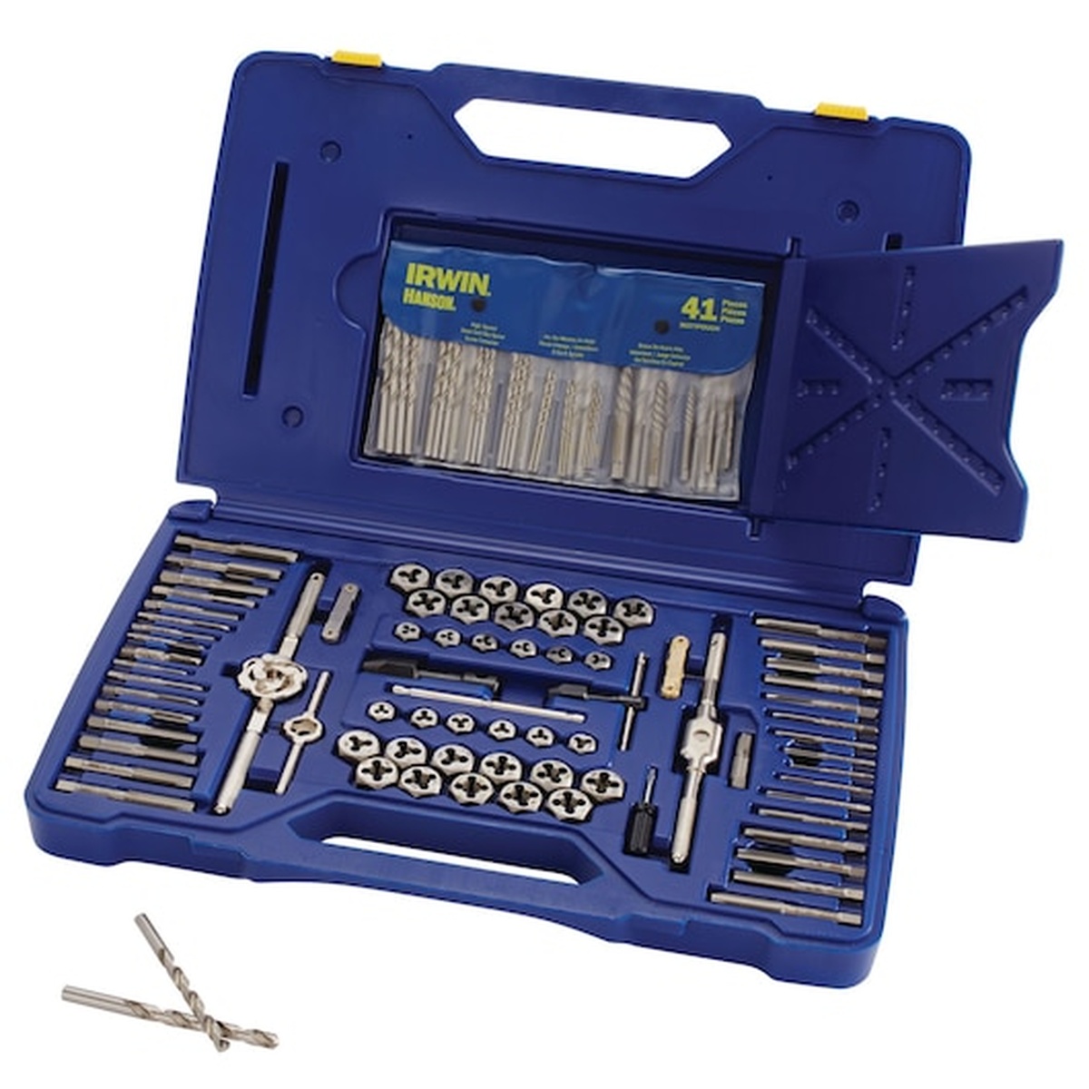 Irwin 117-pc Machine Screw / Fractional / Metric Tap & Hex Die and Drill Bit Deluxe Set showing the included drill bit pouch, taps, dies, and threading tools for repair and rethreading jobs