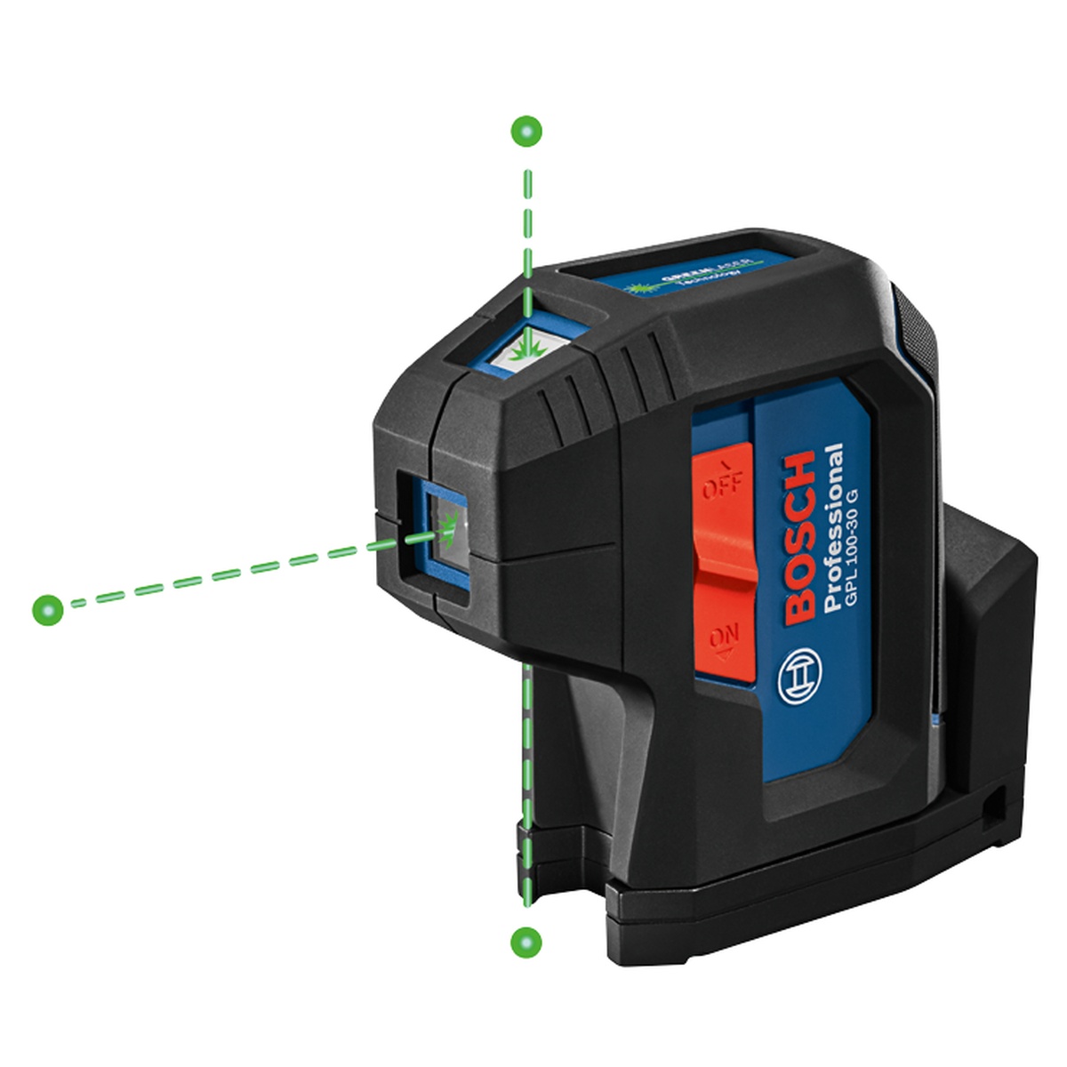 Bosch GPL100-30G Green-Beam Three-Point Self-Leveling Alignment Laser showing three point projection and compact overmolded housing