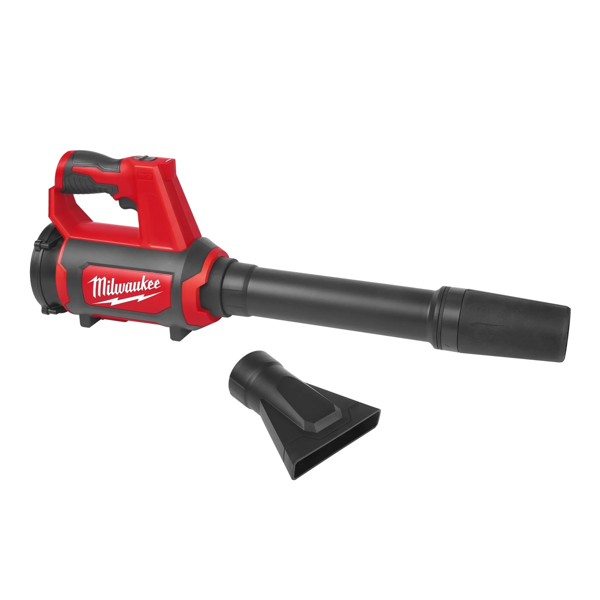 Milwaukee 0852-20 M12 Compact Spot Blower with extension nozzle installed for directed airflow during bench and jobsite cleanup