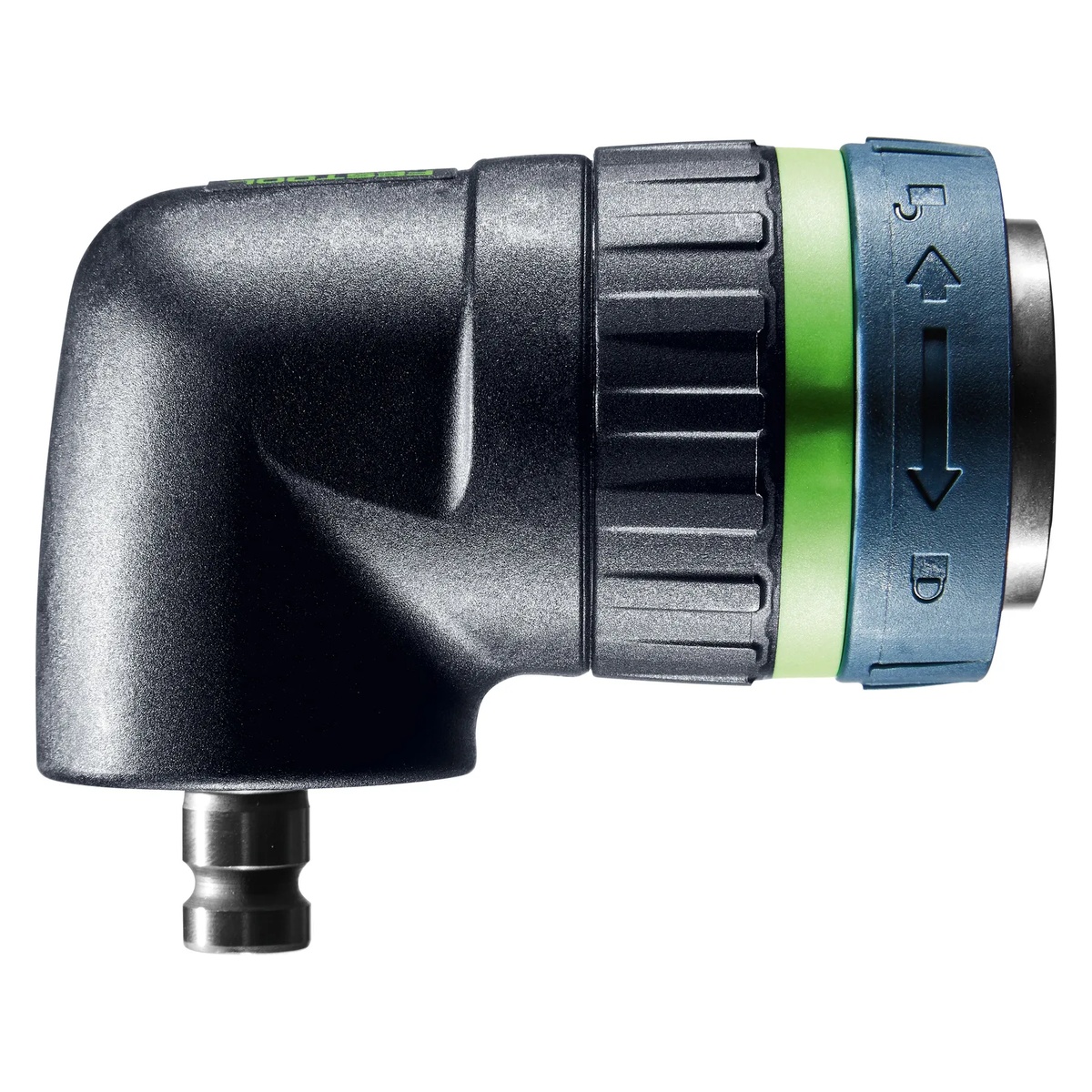 Festool 205222 AN-UNI Angle Attachment shown as a right-angle drill attachment for close-quarters drilling and fastening in cabinets, framing cavities, and other tight jobsite spaces