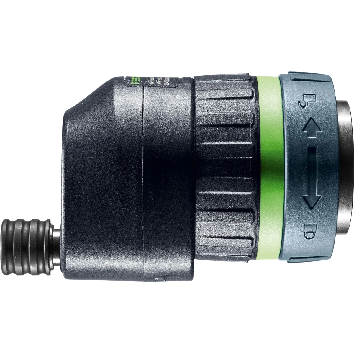 Festool 205223 Eccentric Attachment EX-UNI close-up showing the green adjustment ring and FastFix connection on the accessory body