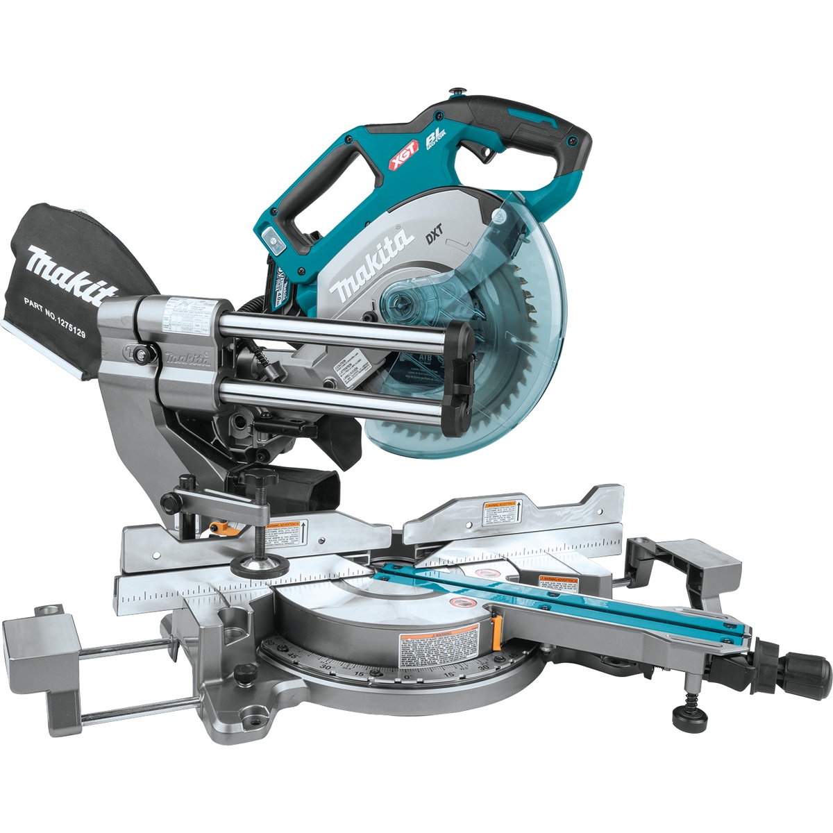 Makita GSL02M1 40V max XGT Brushless Cordless 8-1/2 inch Dual-Bevel Sliding Compound Miter Saw set up for trim and crosscut work on a compact jobsite bench