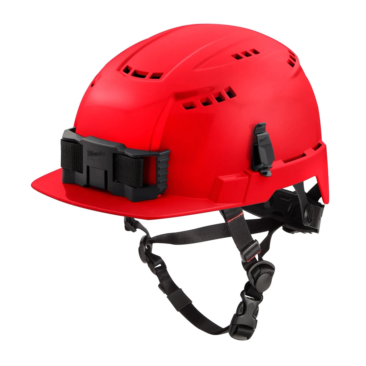 Milwaukee 48-73-1328 Red Front Brim Vented Safety Helmet product view showing front brim, vented shell, chin strap, and front accessory mount