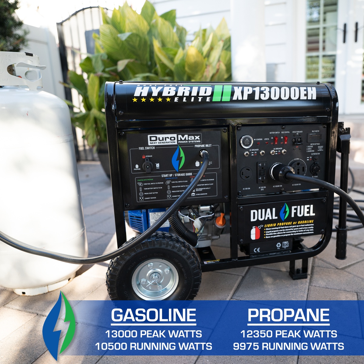 DuroMax XP13000EH portable generator running beside a propane tank on a residential patio during backup power use