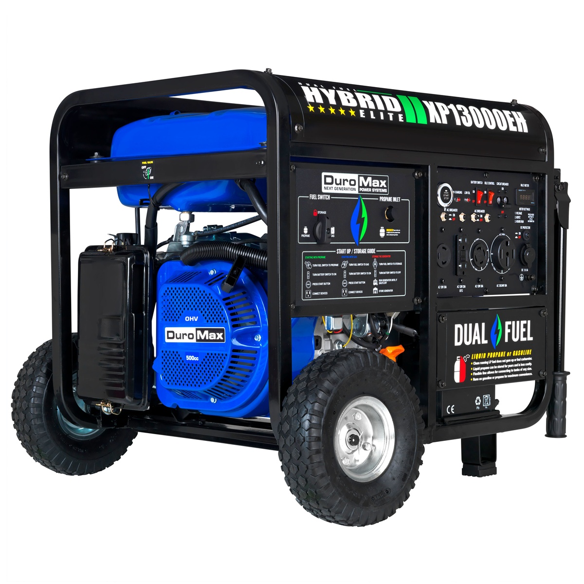 DuroMax XP13000EH Dual Fuel Portable Generator product view showing wheel kit, full power panel, and all-metal frame for transport and setup