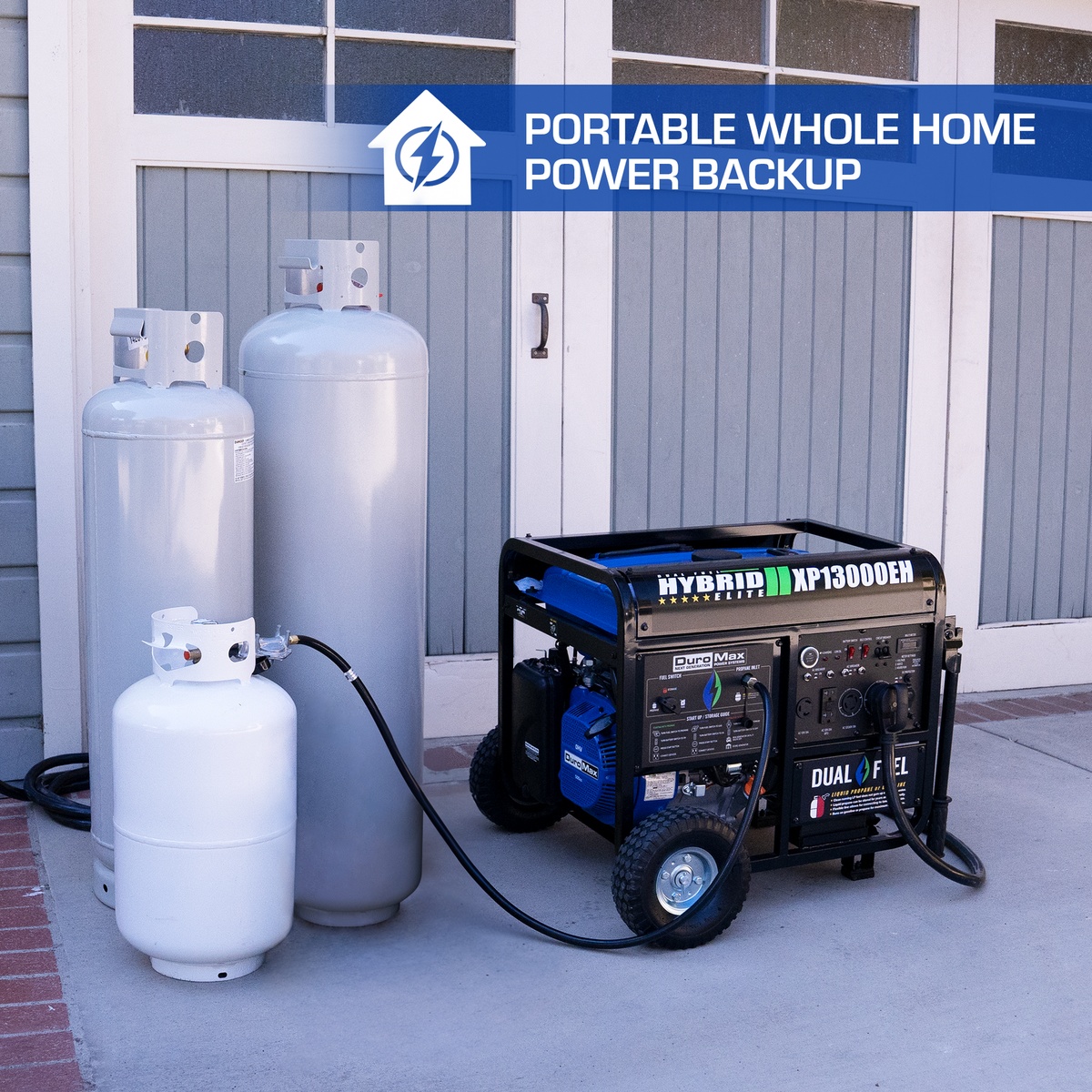 DuroMax XP13000EH Dual Fuel Portable Generator connected to propane tanks outside a home for backup power during an outage