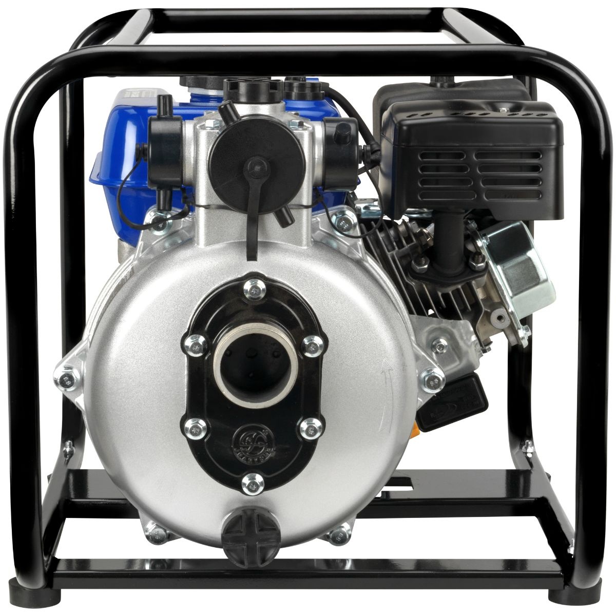 DuroMax XP702HP 212cc 70-GPM 2-Inch Gasoline High Pressure Water Pump front view showing pump housing and intake opening for water transfer setup on a jobsite or property maintenance application