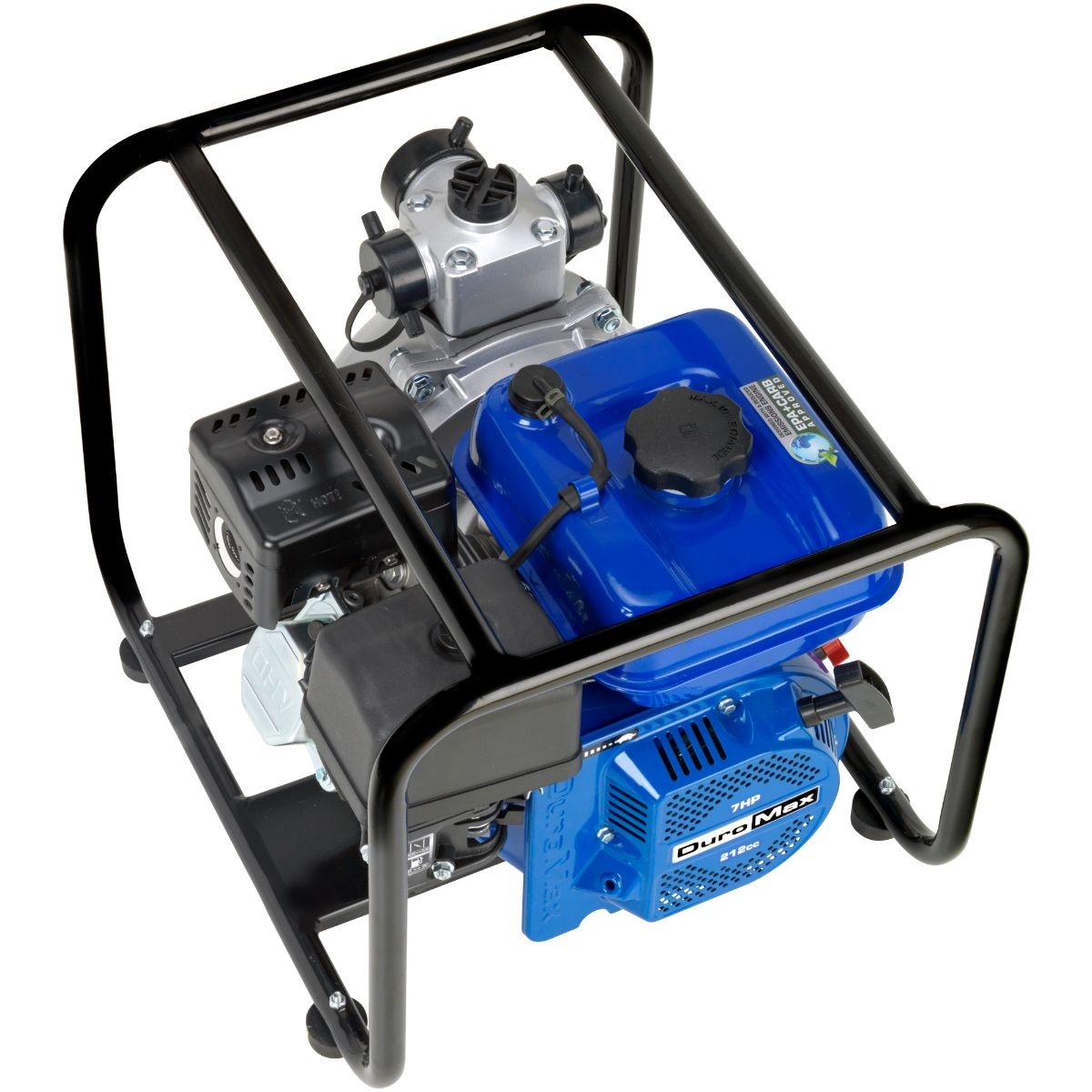 DuroMax XP702HP 212cc 70-GPM 2-Inch Gasoline High Pressure Water Pump top angle showing fuel tank engine and roll frame for portable water pumping in remote work areas