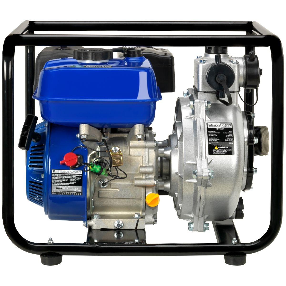 DuroMax XP702HP 212cc 70-GPM 2-Inch Gasoline High Pressure Water Pump side view showing engine assembly pump body and hose connection points for maintenance and transport