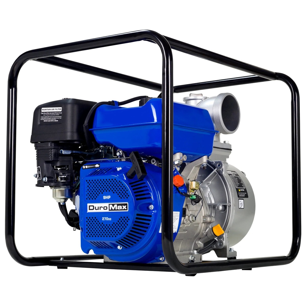 DuroMax XP904WP portable water pump shown in clean product view with full protective frame, 270cc gasoline engine, and 4 inch pump housing for high-volume water transfer jobs