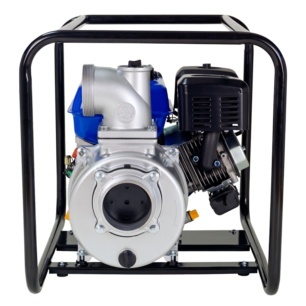 Front view of DuroMax XP904WP portable water pump highlighting 4 inch intake opening and pump face used for draining pools, trenches, and water storage areas