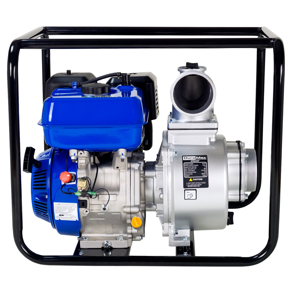 Side view of DuroMax XP904WP portable water pump showing fuel tank, recoil start engine, and pump housing in a portable frame for field and jobsite water pumping