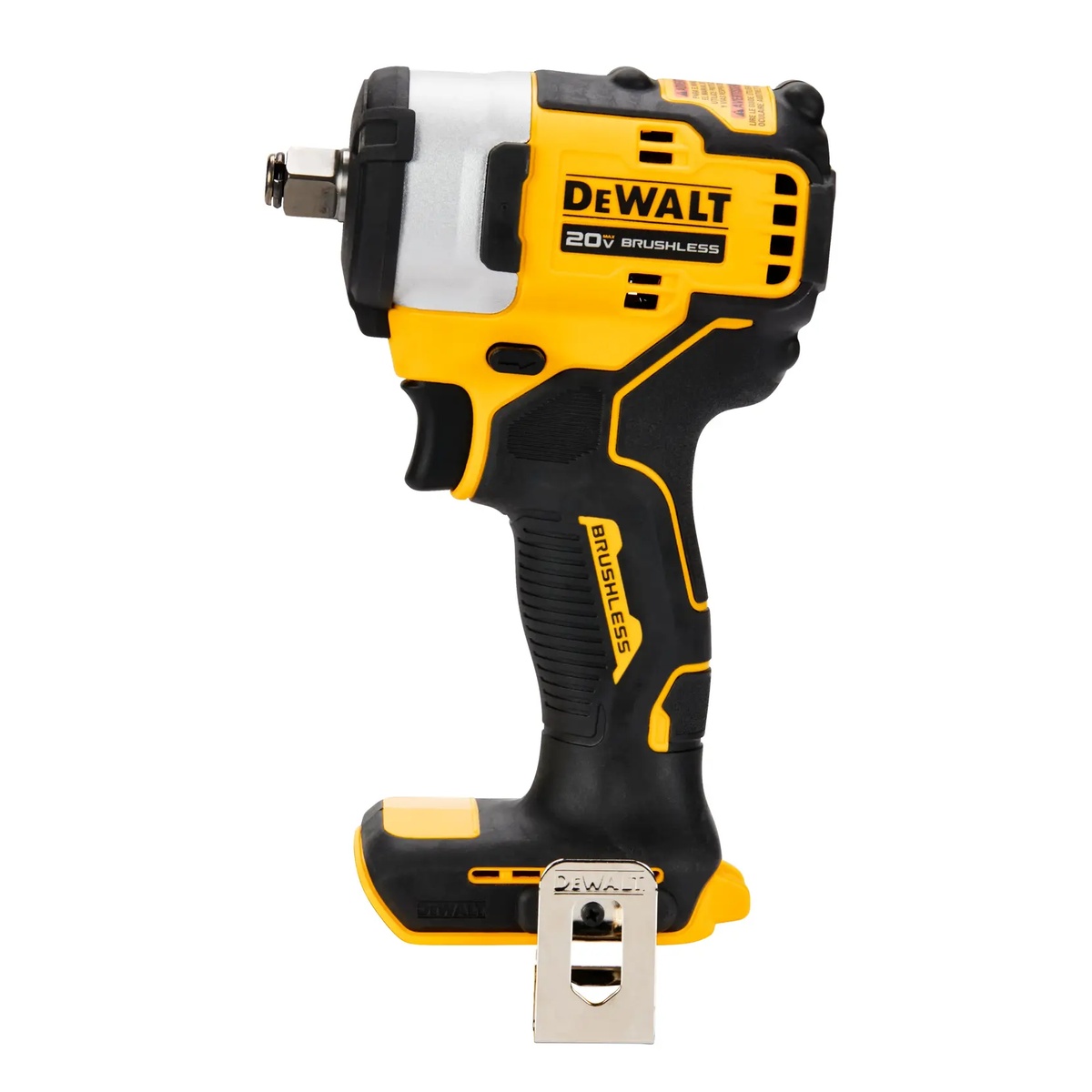 DeWALT DCF911B 20V MAX 1/2-in. impact wrench product view showing compact body, hog ring anvil, and belt clip on a clean background