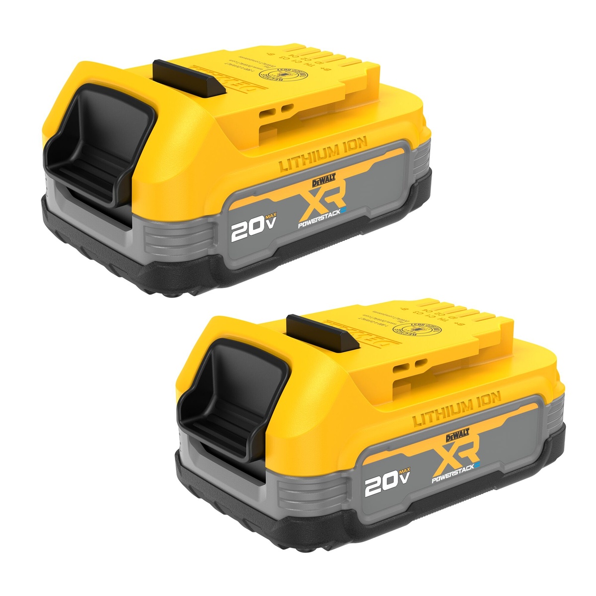 DEWALT DCBP034-2 20V MAX XR POWERSTACK Compact Battery 2-Pack shown as two compact lithium-ion battery packs for DEWALT 20V MAX tools on a clean background