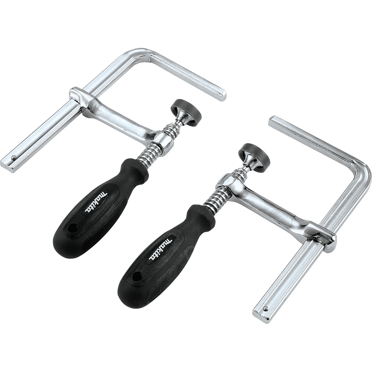 Makita 191J52-3 Guide Rail Clamp, 2/pk shown as a pair of steel guide rail clamps for securing a track saw rail during sheet material cutting on a work surface