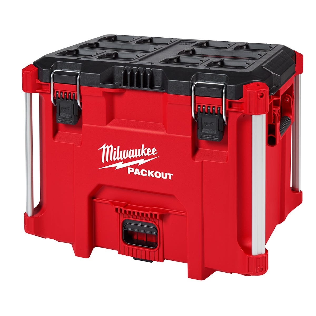Milwaukee PACKOUT XL Tool Box and Dolly Cart Discount Pack XL tool box shown closed on a clean background highlighting reinforced corners and heavy duty latches
