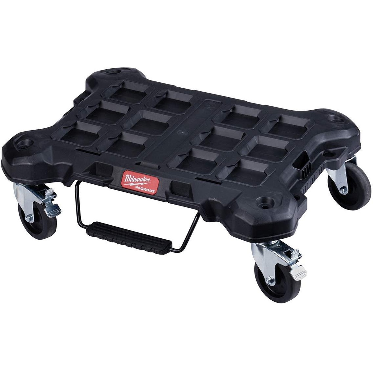 Milwaukee PACKOUT XL Tool Box and Dolly Cart Discount Pack dolly base on a clean background showing locking points for modular PACKOUT storage connection