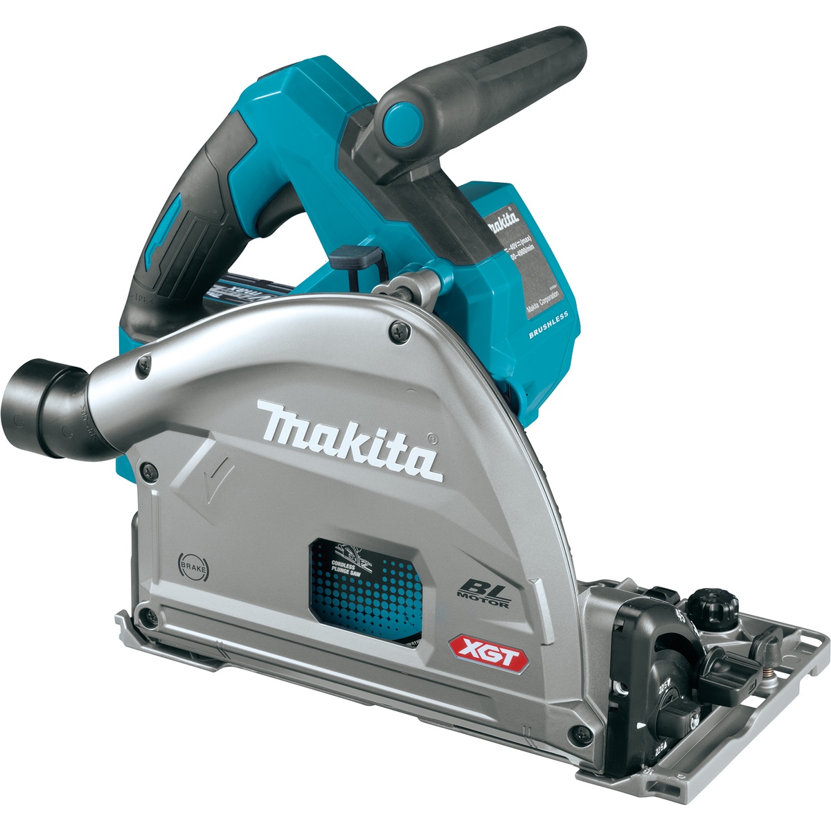 Makita GPS01M1J 40V max XGT Brushless Cordless 6-1/2 inch plunge circular saw shown from the side for precision panel cutting and track saw work in a shop or jobsite setting
