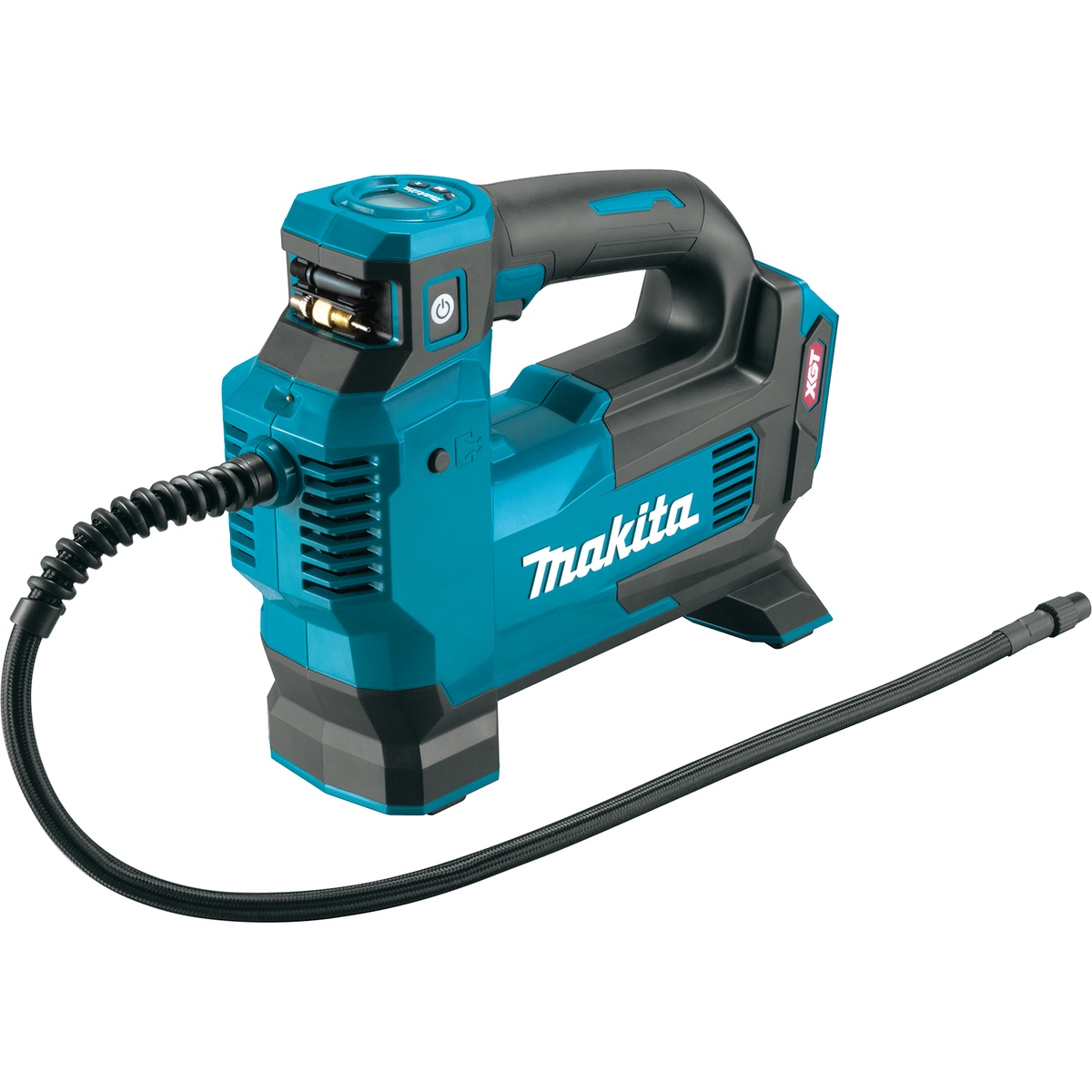 Makita MP001GZ01 40V max XGT Cordless High-Pressure Inflator shown with attached hose for portable tire inflation and sports equipment air fill tasks
