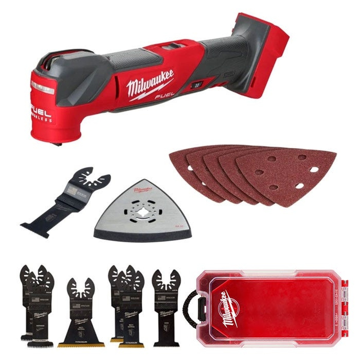 Milwaukee 2836-20 M18 FUEL Oscillating Multi-Tool with Bonus 6-Piece Blade Kit shown with sanding pad, sanding sheets, cutting blades, and storage case on a clean work surface