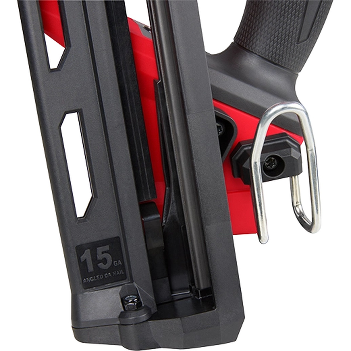 Close-up of the Milwaukee 2839-20 M18 FUEL 15 Gauge Finish Nailer magazine and belt hook showing finish nailer detail