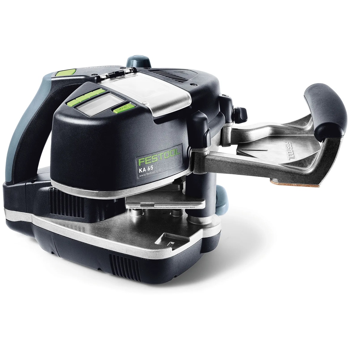 Festool Conturo KA 65 Hand Held Edge Bander close-up showing the display and front handle during edge banding setup in a woodworking shop