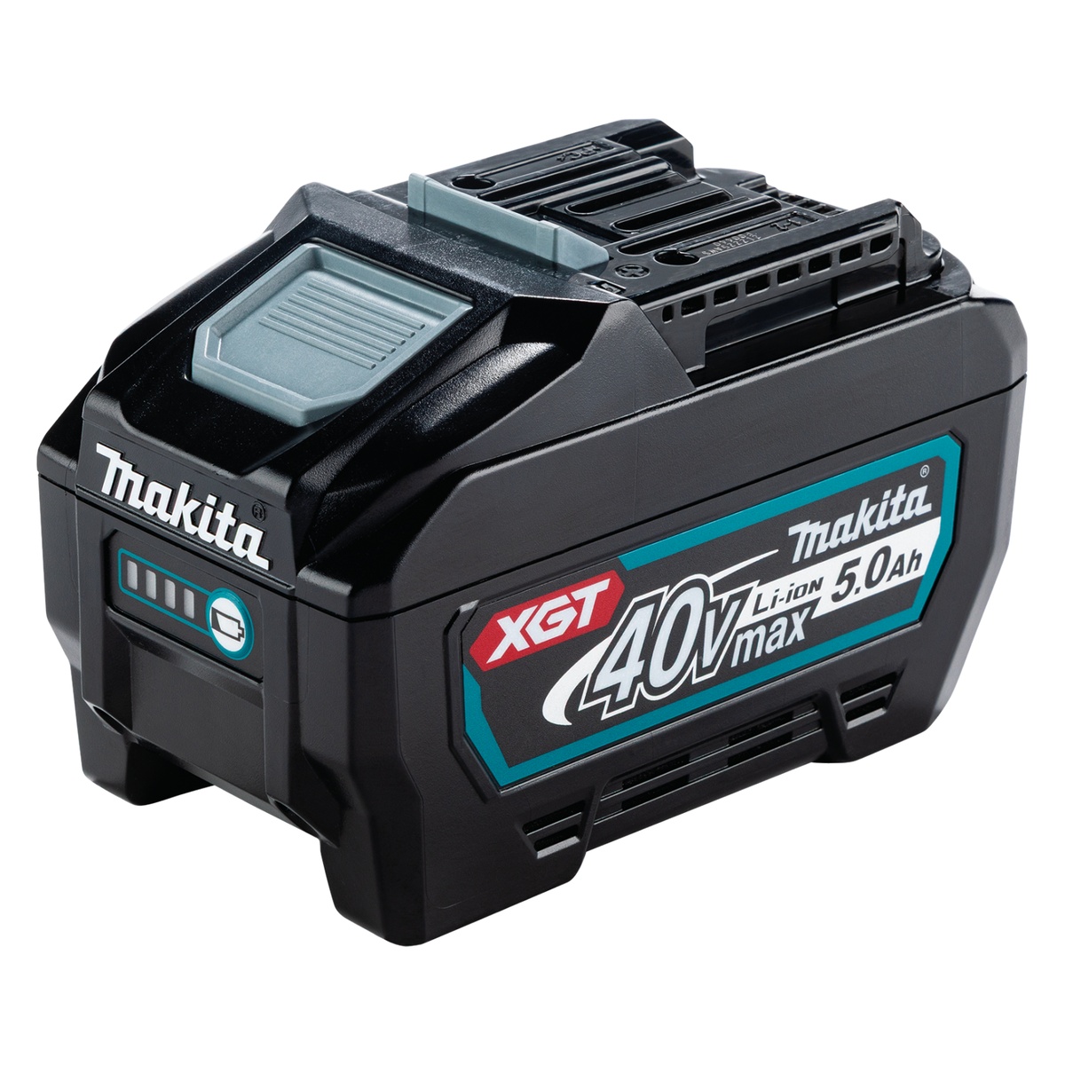 Makita BL4050F 40V max XGT 5.0Ah Battery close-up showing the battery housing, indicator area, and rail interface for 40V max XGT cordless tools