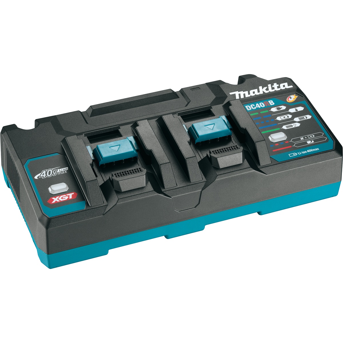 Makita DC40RB 40V max XGT Dual Port Rapid Optimum Charger shown as a dual battery charger on a clean product view for Makita XGT battery charging setup