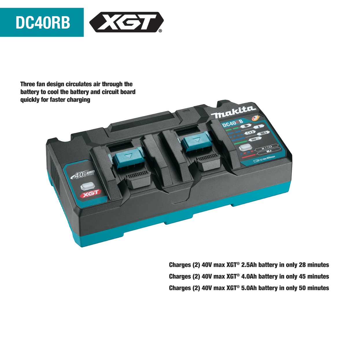 Makita DC40RB 40V max XGT Dual Port Rapid Optimum Charger with feature callout showing three-fan cooling design for faster battery charging
