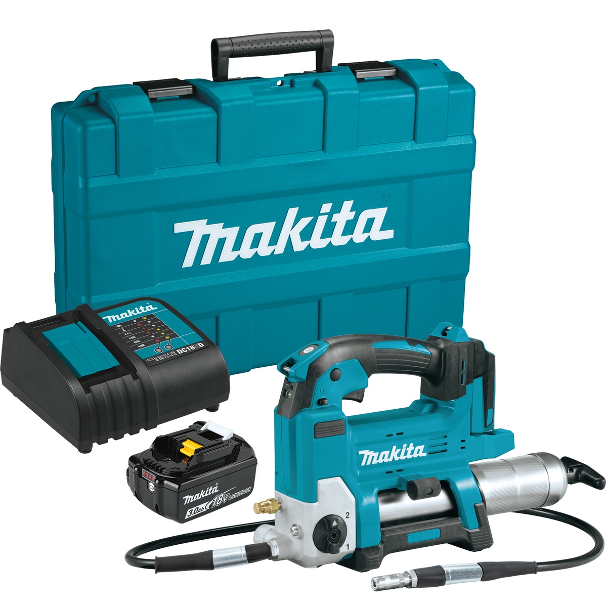Makita XPG01S1 18V LXT Lithium-Ion Cordless Grease Gun Kit (3.0Ah) with grease gun, battery, charger, and case set up for workshop and garage maintenance
