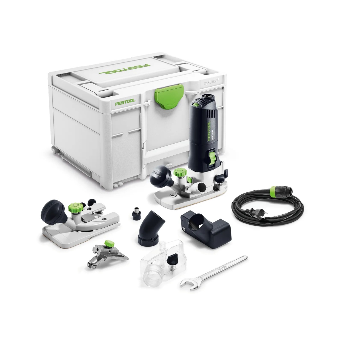 Festool MFK 700 EQ Set with router, horizontal base, extraction hood, cord, wrench, and Systainer case laid out on a clean background