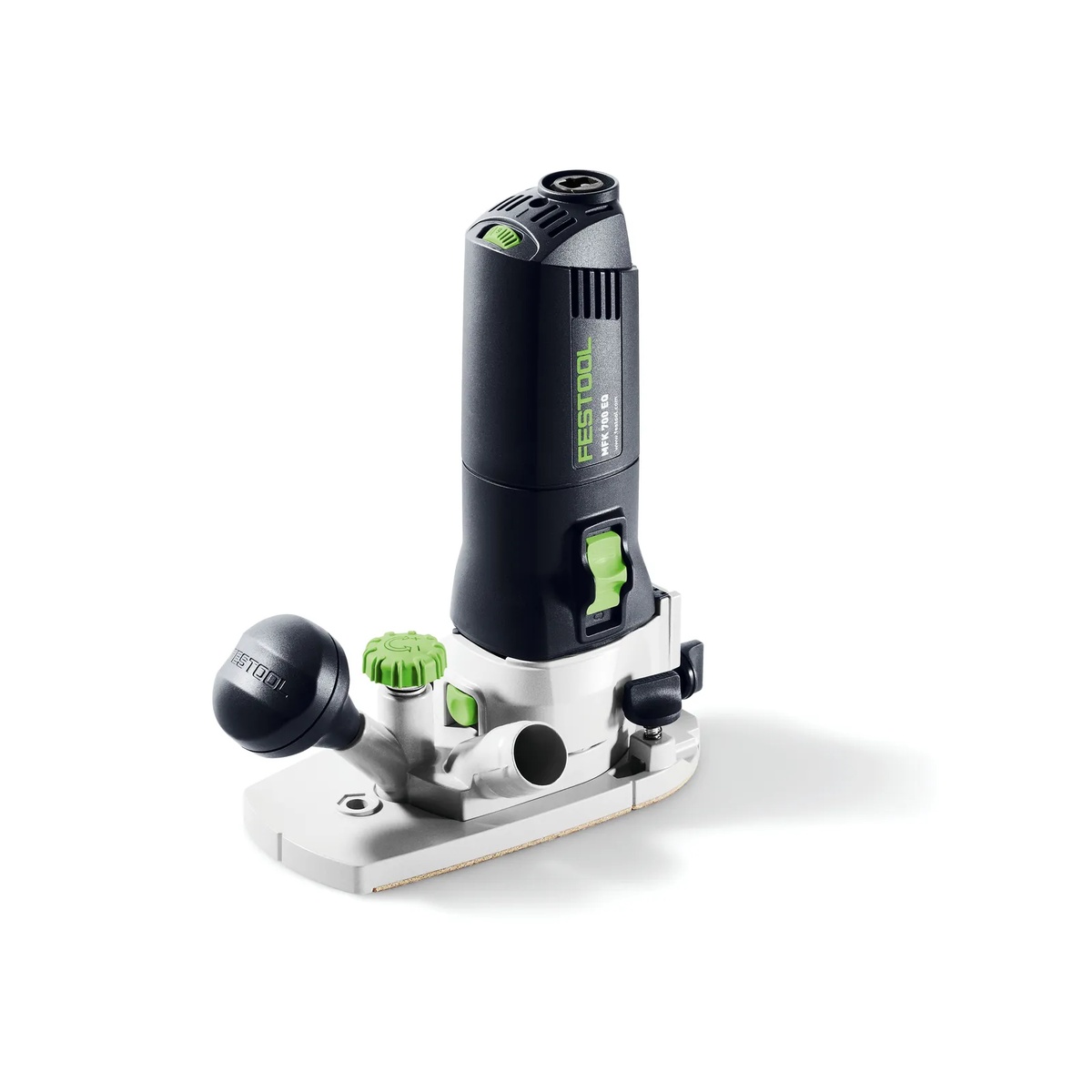 Festool MFK 700 EQ edge router close-up showing compact body, control switch, and fine adjustment base on a clean background