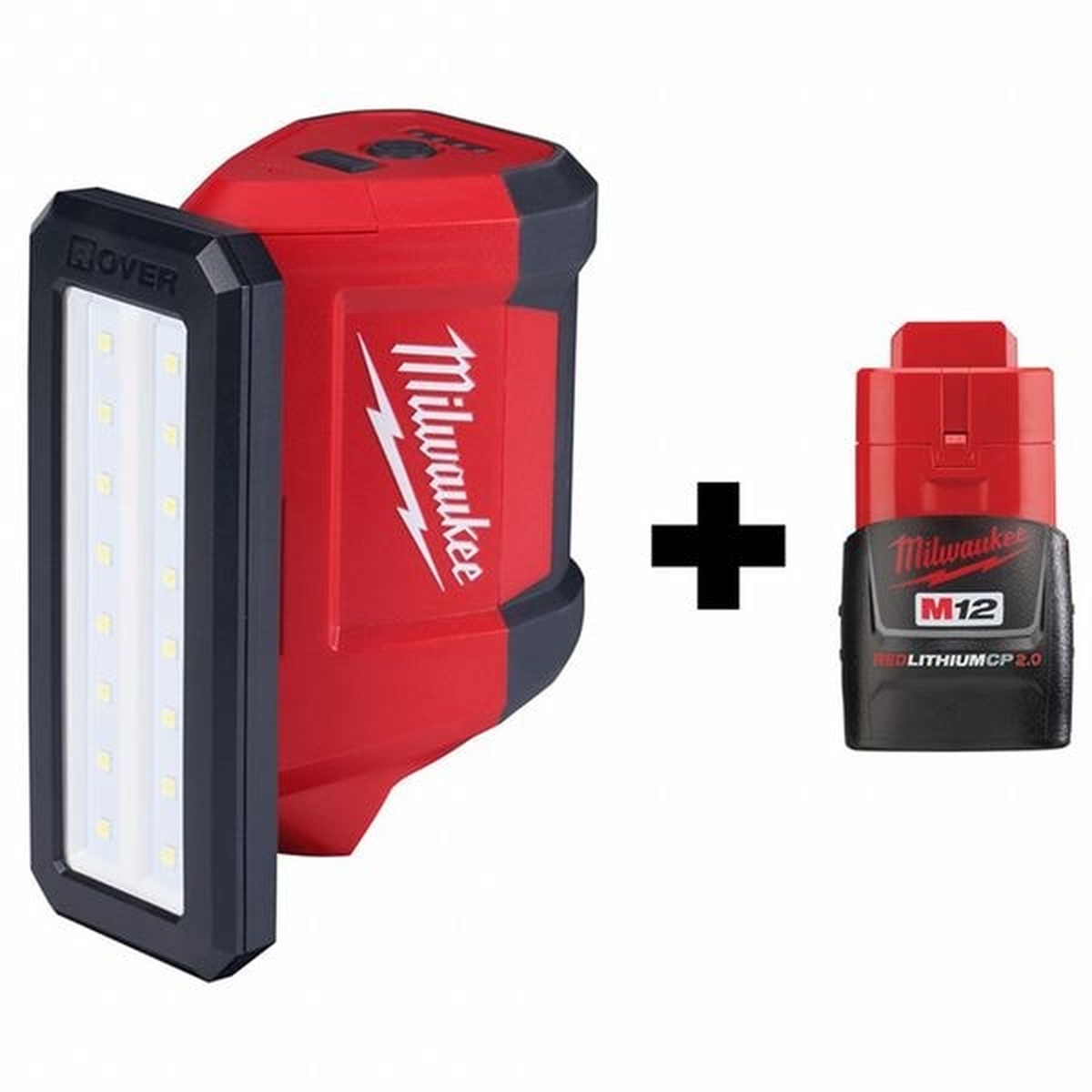 Milwaukee 2367-20 M12 ROVER 700-Lumen Flood Light with USB Charging and 2.0Ah Battery shown with compact M12 battery for service lighting in garages, mechanical rooms, and tight repair spaces
