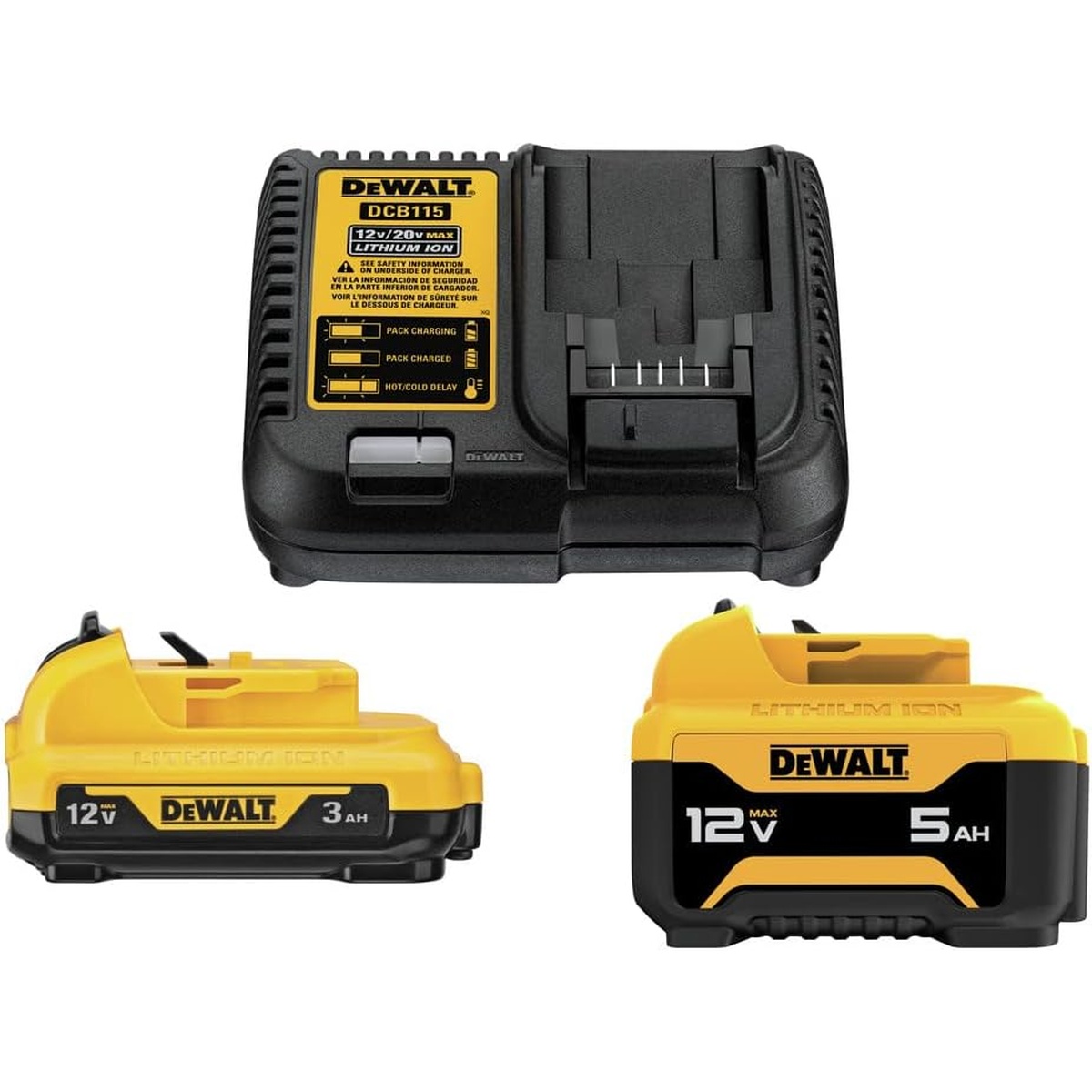 DEWALT DCB135C 12V MAX Battery Starter Kit showing the DCB115 charger, 3.0Ah battery, and 5.0Ah battery on a clean background for shop and jobsite charging setup