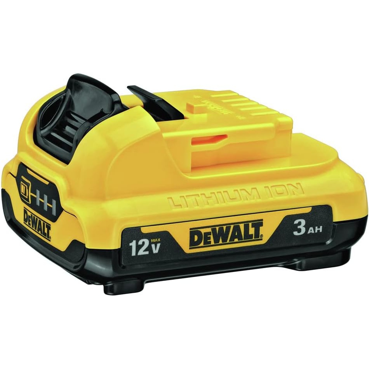 DEWALT DCB135C 12V MAX 3.0Ah lithium-ion battery shown in detail for compact cordless tool use in cabinetry, service work, and light fastening