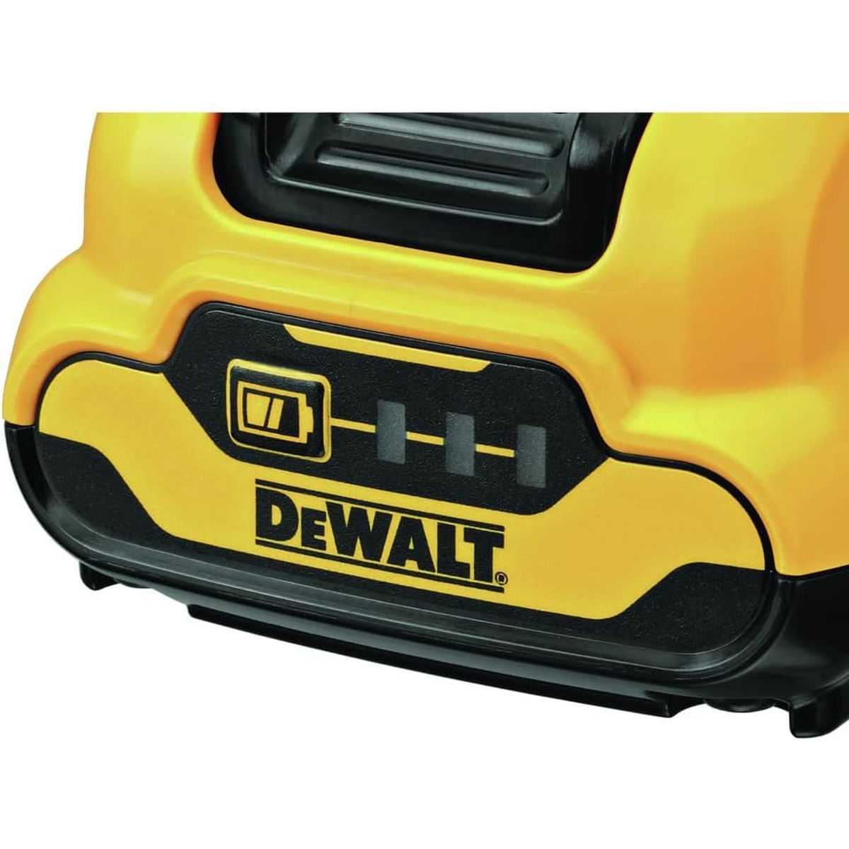 Close-up of the DEWALT DCB135C 12V MAX battery fuel gauge showing the 3-LED charge indicator for quick charge checks in a workshop or service van