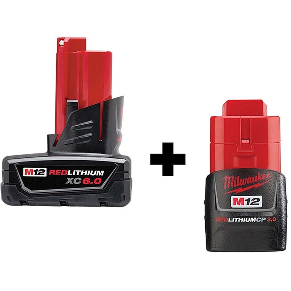 Milwaukee 48-11-2460 M12 REDLITHIUM XC6.0 Extended Capacity Battery and 48-11-2430 3.0Ah Compact Battery Combo Pack shown as two M12 battery packs for cordless tool use on the jobsite