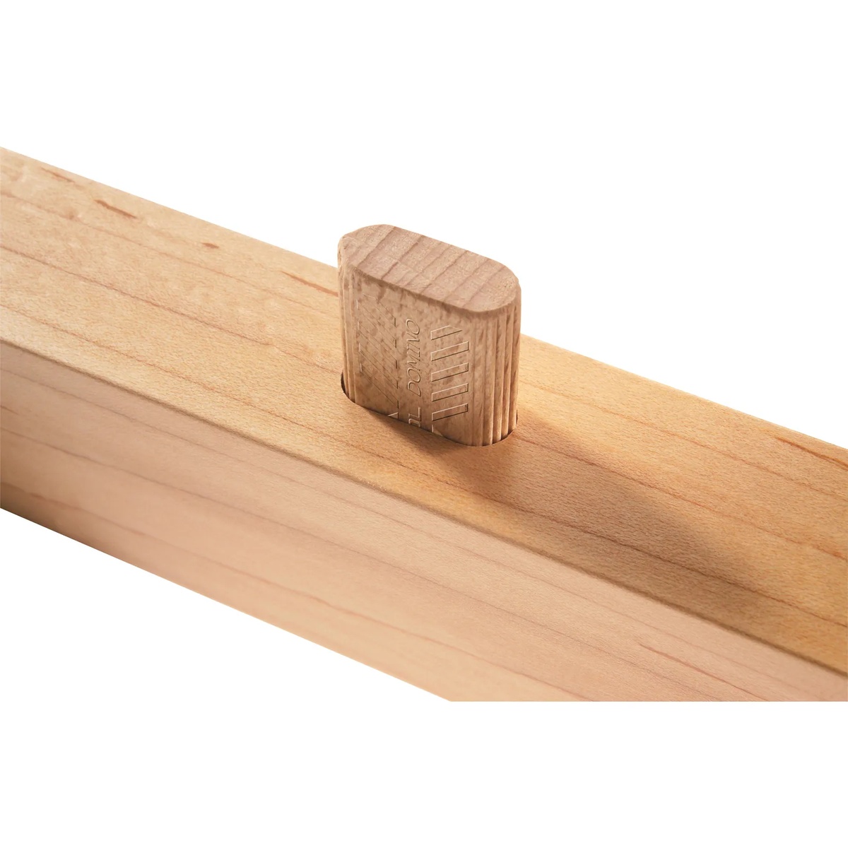 Festool DS/XL D8/D10 306 BU DOMINO Assortment tenon close-up showing ribbed surface and glue pockets in a woodworking joint