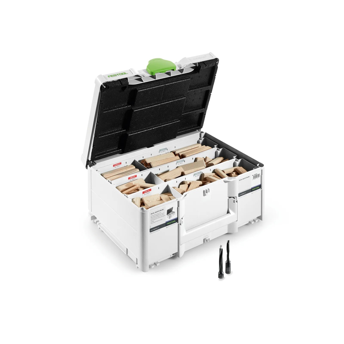 Festool DS/XL D8/D10 306 BU DOMINO Assortment open in a Systainer with sorted loose tenons and included cutters laid out for woodworking setup