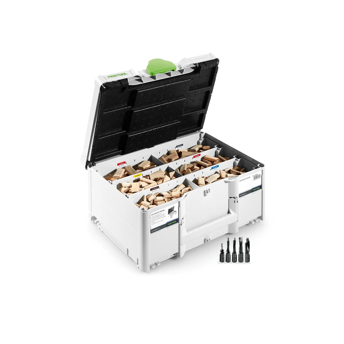 Festool 576794 Domino DF 500 1,060-Piece Tenon Assortment Systainer3 with Cutters open on a workbench showing sorted beech tenons and matching cutters for joinery setup