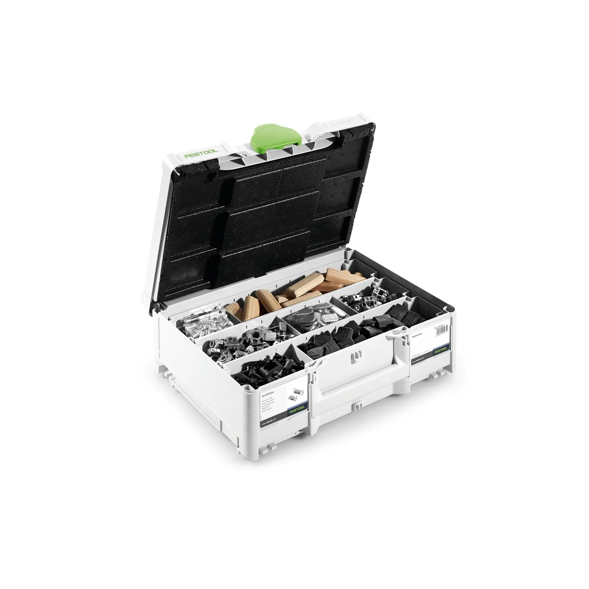 Festool 576795 Domino Connectors D14 for Domino XL organized inside a Systainer3 case with hardware and tenons sorted for shop and jobsite use